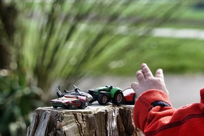 Cropped hand by toys on tree stump