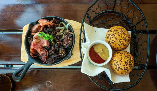 High angle view of breakfast served on table