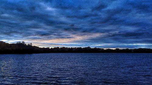 Scenic view of lake against cloudy sky