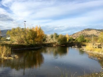 Scenic view of lake against cloudy sky