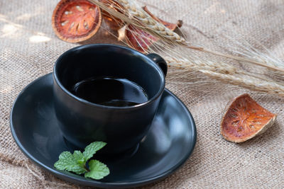 High angle view of coffee on table