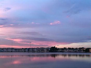 Scenic view of lake against sky during sunset