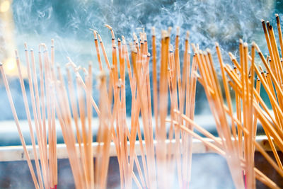 Close-up of burning incense in temple