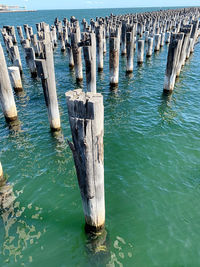 High angle view of wooden posts in sea