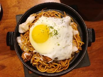 High angle view of breakfast served on table