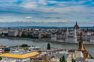 High angle view of city against cloudy sky
