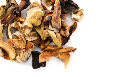 High angle view of dry leaves against white background