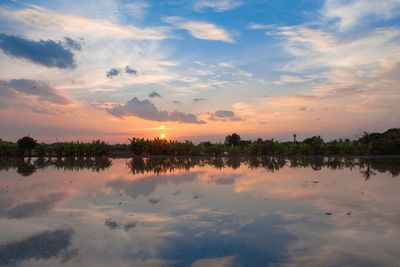 Scenic view of lake against sky at sunset