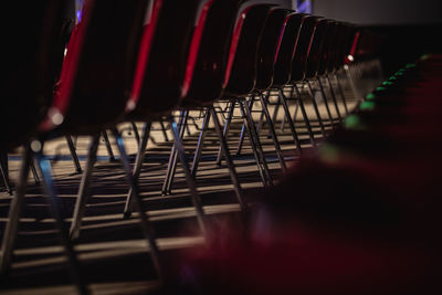 Close-up of empty chairs arranged in row
