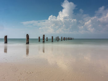 Wooden posts on beach against sky