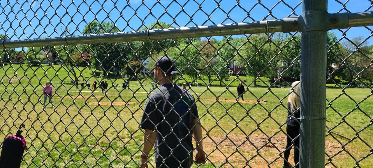 REAR VIEW OF BIRD LOOKING THROUGH CHAINLINK FENCE