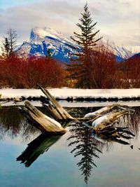 Scenic view of lake against sky during winter