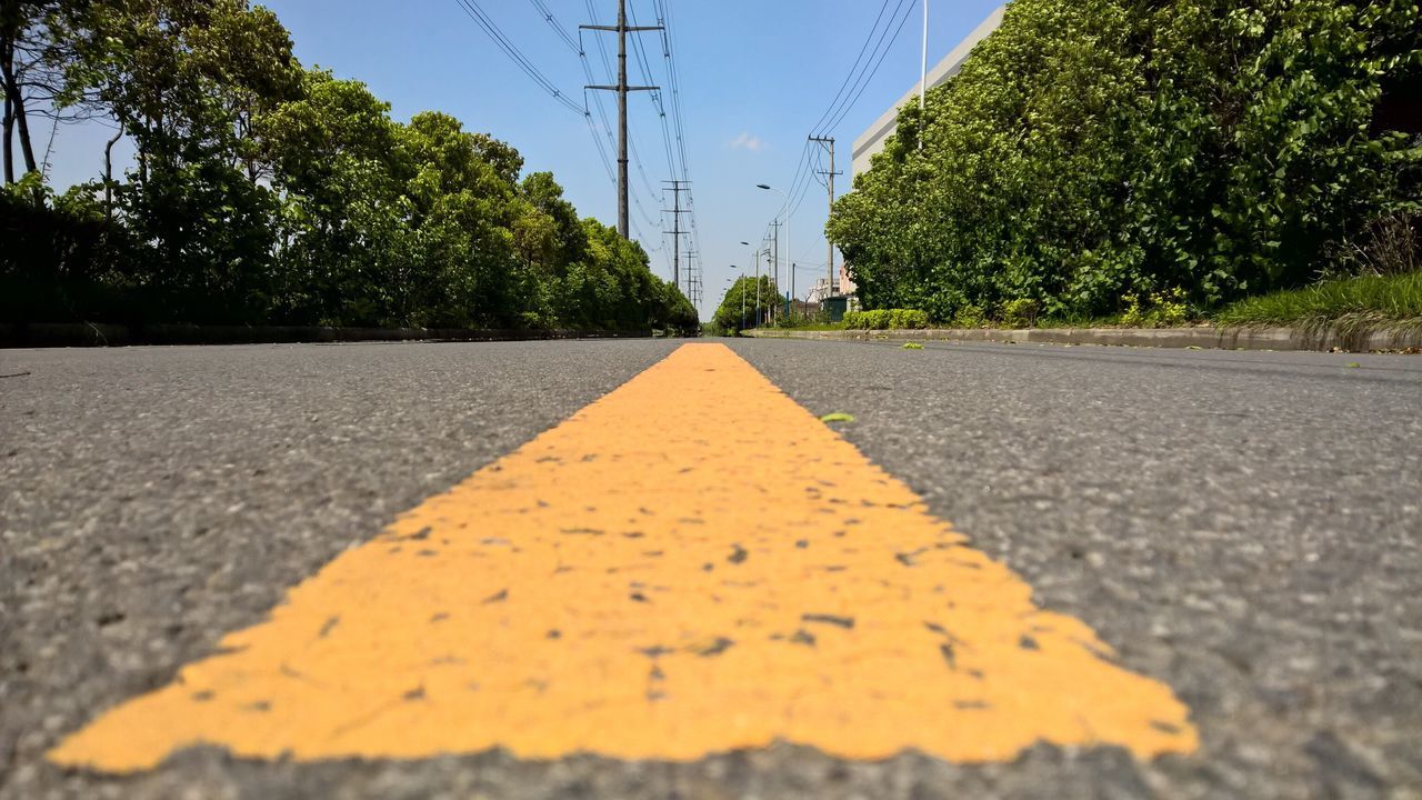 the way forward, tree, transportation, road, diminishing perspective, power line, surface level, vanishing point, asphalt, clear sky, electricity pylon, street, road marking, sky, empty road, long, growth, outdoors, day, no people