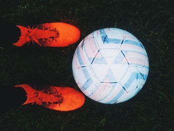 High angle view of soccer ball on field