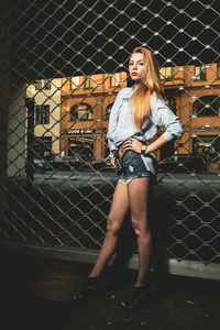 Portrait of woman standing against chainlink fence