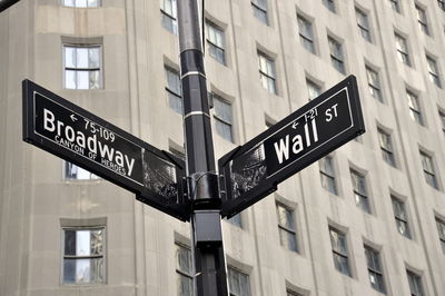 Low angle view of road sign against building in city