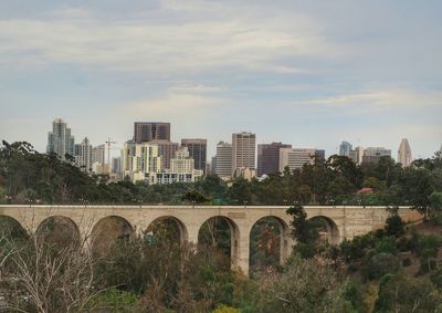 View of cityscape against cloudy sky