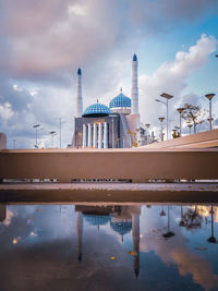Reflection of building on water against sky