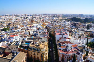 High angle shot of townscape against clear sky