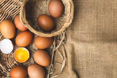 High angle view of eggs in basket on table