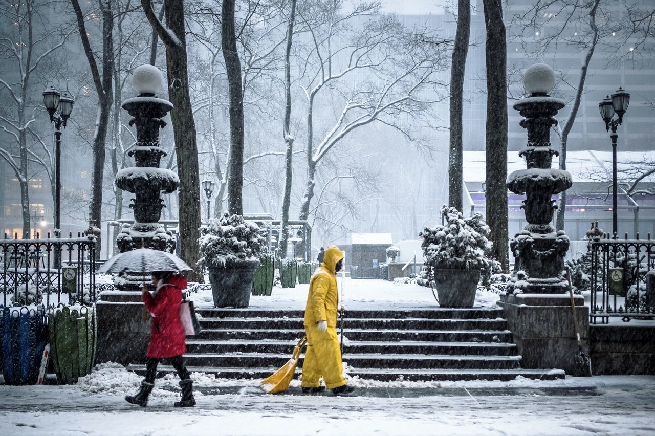 winter, snow, cold temperature, weather, tree, outdoors, snowing, warm clothing, real people, lifestyles, full length, men, bare tree, day, nature, people, working, one person, adult, architecture, adults only