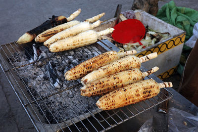 High angle view of food on barbecue grill