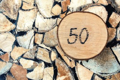 Close-up of number 50 on log