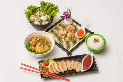 Close-up of food served on table