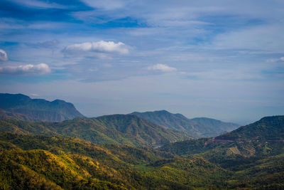 Scenic view of mountains against cloudy sky