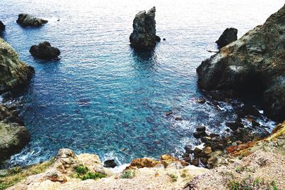 High angle view of rock formation in sea