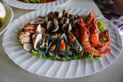 High angle view of seafood served in plate