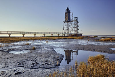 Lighthouse by sea against clear sky