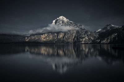 Scenic view of lake by snowcapped mountains against sky