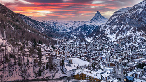 Aerial view on zermatt valley and matterhorn peak