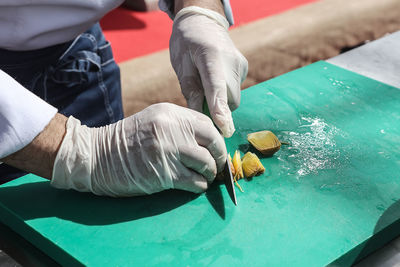 High angle view of man working on table