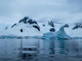 Sea  and iceberg against glacier and mountain in antarctica