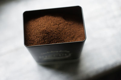 High angle view of coffee cup on table