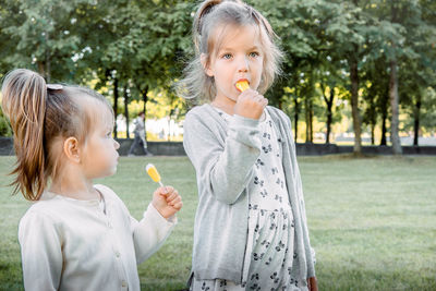 Sisters eating sweet food while standing on land in park