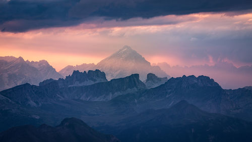 Scenic view of snowcapped mountains against sky during sunset