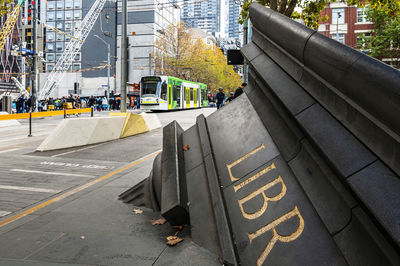 High angle view of text on city street