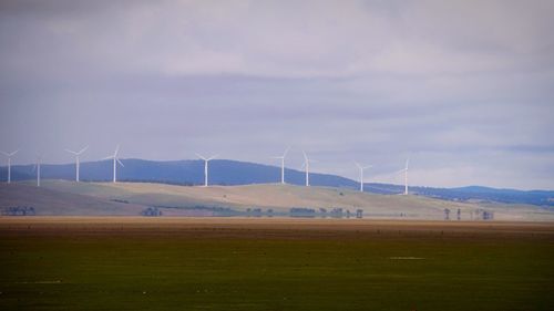 Wind turbines on grassy field against cloudy sky
