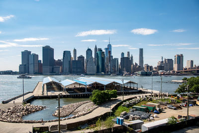 View of swimming pool against buildings in city