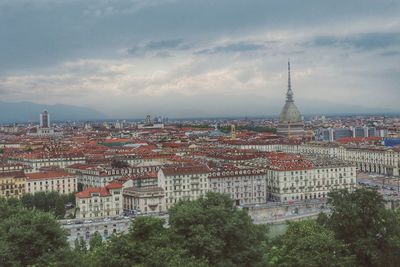 High angle shot of townscape against sky