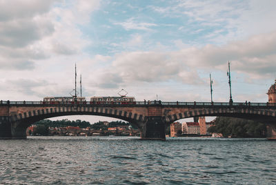 Arch bridge over river against sky in city