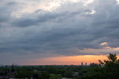 Trees and buildings against sky during sunset