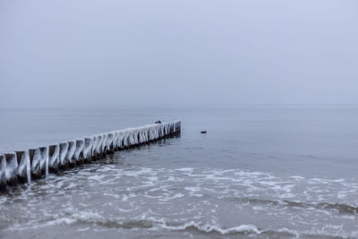 Wooden posts in sea against clear sky