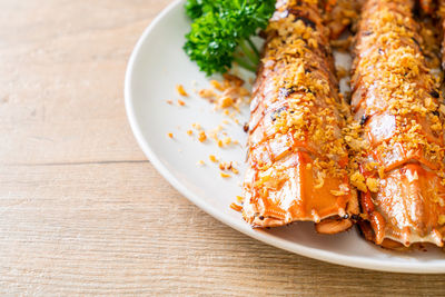 High angle view of food in plate on table