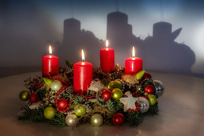 Close-up of christmas decorations on table