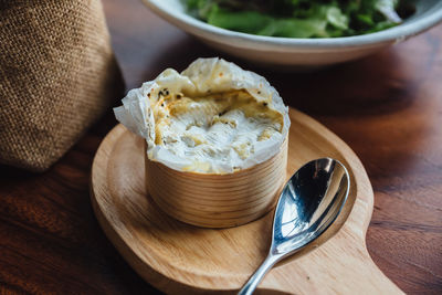 High angle view of ice cream in bowl on table