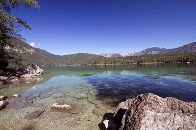 Scenic view of lake against clear blue sky